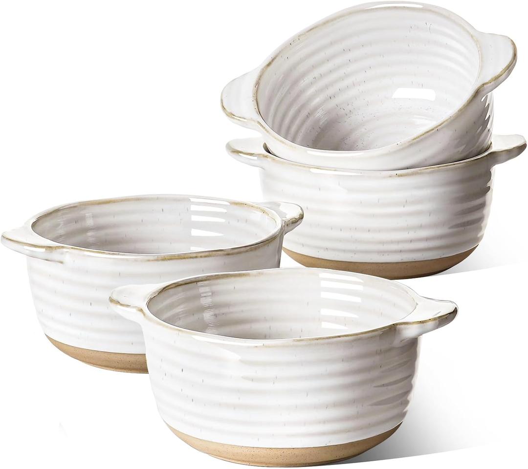 LE TAUCI Soup Bowls with Handles, 20 oz French Onion Soup Crocks, Soup Bowl Oven Safe for Chili, Beef Stew, Ceramic Bowl Set - 5.5 Inch, Set of 4, Arctic White