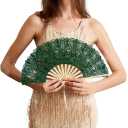 Happy Feather Lace Fan with Folding Handheld, Embroidered Flowers Pattern Hand Fans for Wedding Bridal Tea Dancing Party -Green (Greem)