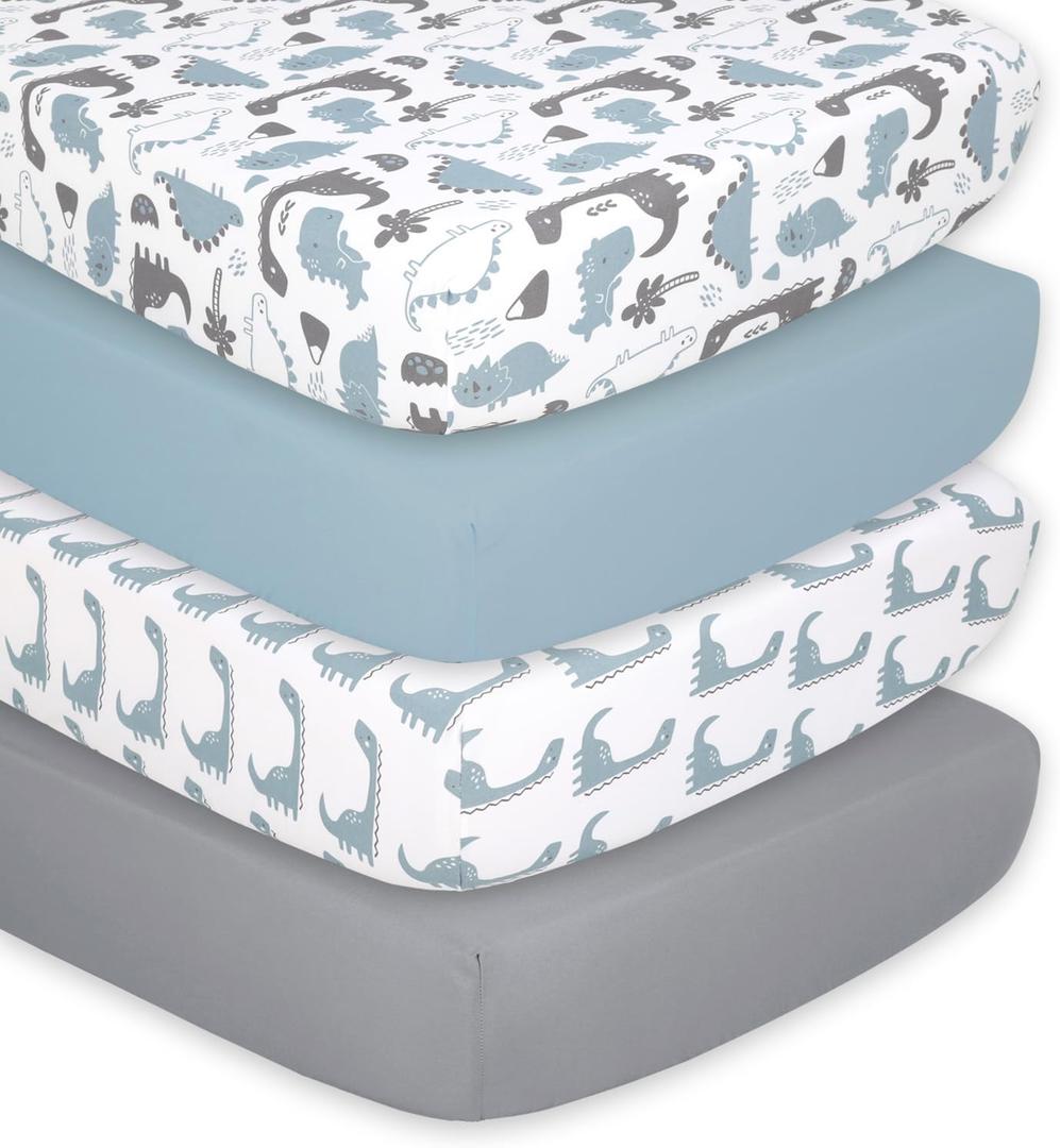 The Peanutshell 4-Pack Fitted Crib Sheet Set - Super Soft & Breathable Baby Boy Crib Sheets, Nursery Decor, Fit for Standard Mattress Cover- Dinosaur