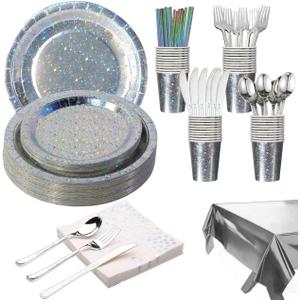 201-piece disposable party tableware set with paper plates, cups, napkins, straws, tablecloths, plastic knives, forks and spoons for a variety of party occasions for up to 25 people (Silver Star)