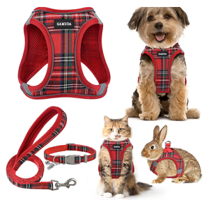 GAMUDA Small Dog Harness Collar and Leash Set, Step in No Chock No Pull Soft Mesh Adjustable Dog Vest Harnesses Plaid Reflective for Dogs Puppy Cats Kitten Rabbit (Red, S)