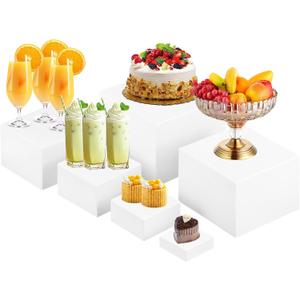 Yimy 6 PCS Buffet Risers, White Acrylic Food Risers for Buffet Table, Cube Boxes with Hollow Bottoms, Catering Display Stand Shelf for Dessert Party Jewelry & Collectibles(5"x6"x6.8"x7 x7.5 x8'')
