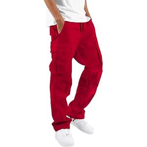 HUNGSON Mens Cargo Pants Drawstring Casual Hiking Pants Joggers Athletic Trousers Cotton Loose Straight Sweatpants for Men Red 32