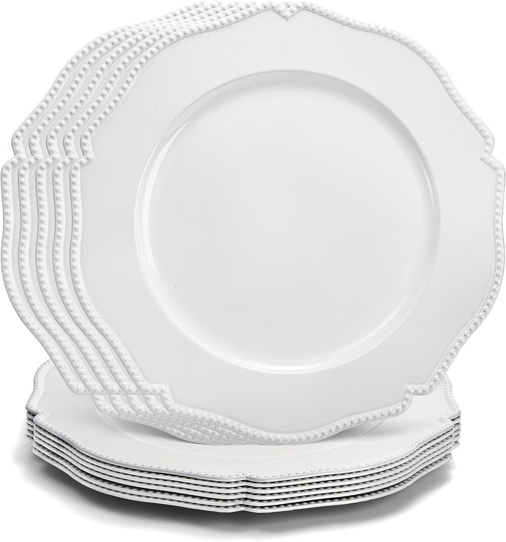 Foraineam 12 Pack White Charger Plates with Beaded Rim, 13 Inch Round Plastic Dinner Chargers, Scalloped Serving Plates for Table Settings Wedding Party Catering Event Decoration