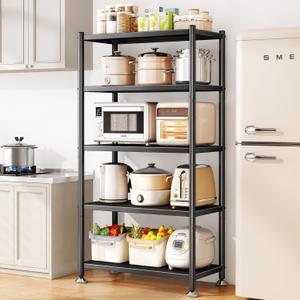 5 Tier Adjustable Storage Shelves, Heavy Duty Metal Storage Rack with Wheels, Shelving Units Utility Shelf for Kitchen, Pantry, Bathroom, Garage, Office Organization and Storage, Black, 13"x24"x59.7"
