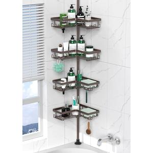 DAOYA Corner Shower Caddy Tension Pole - Adjustable 4-Tier Shower Shelf Stainless Steel Corner Tension Rod Bathroom Organizer Shampoo Holder with Soap Holders & Hooks for Bath, Tub, Floor Space Saving