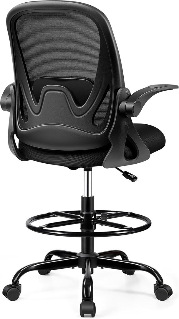 Drafting Chair Tall Office Chair with Flip-up Armrests, Adjustable Height, and Enhanced Lumbar Support - Ergonomic Rolling Stool, Back Support, and Adjustable Foot Rest Ring for Standing Desk Black (934W-Z)