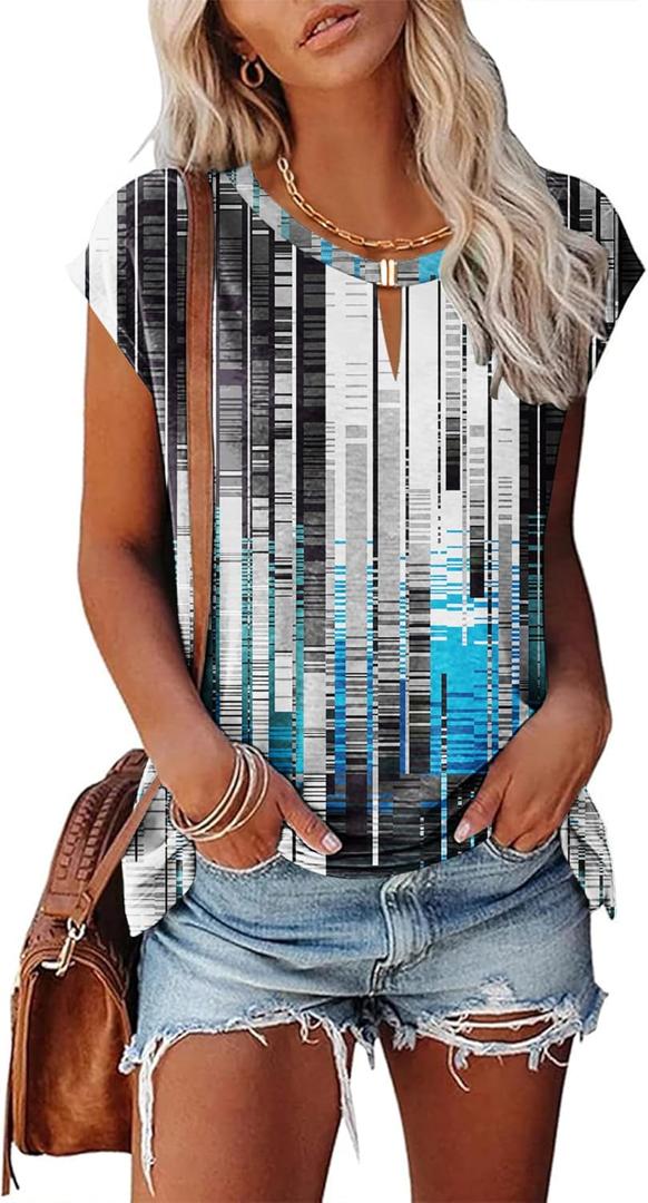 Kistore Women's Summer Casual V Neck Tank Tops Cap Sleeve Loose Fit Blouses Tunic Shirts (Medium, C-technological Blue and White)