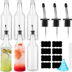 Dandat 12 Pieces 32 oz Plastic Long Neck Bottles with Pourer and Caps Plastic Juice Pour Bottles with Stainless Steel Pourers Tapered Spout for Liquor (Silver Bottle Pourer)