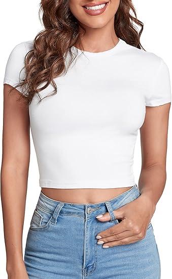 Verdusa Women's Basic Casual Summer Crop Tee Tops Slim Fitted Cropped T Shirts Y2k Clothes M