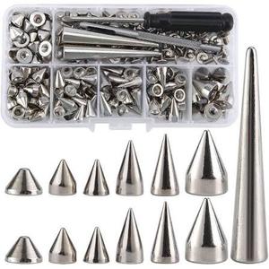 YORANYO 135 Sets Mixed Shape Spikes and Studs Assorted Sizes Spike Studs for Clothing Silver Color Screw Back Bullet Cone Studs and Spikes Rivet for Leather Craft Clothing Shoes Belts Bags Dog Collars
