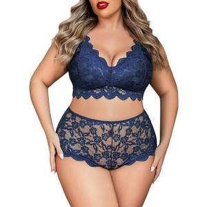 Avidlove Plus Size Lingerie Set for Women Sexy Lace Halter Bralette High Waist Panty Set, 1XL
