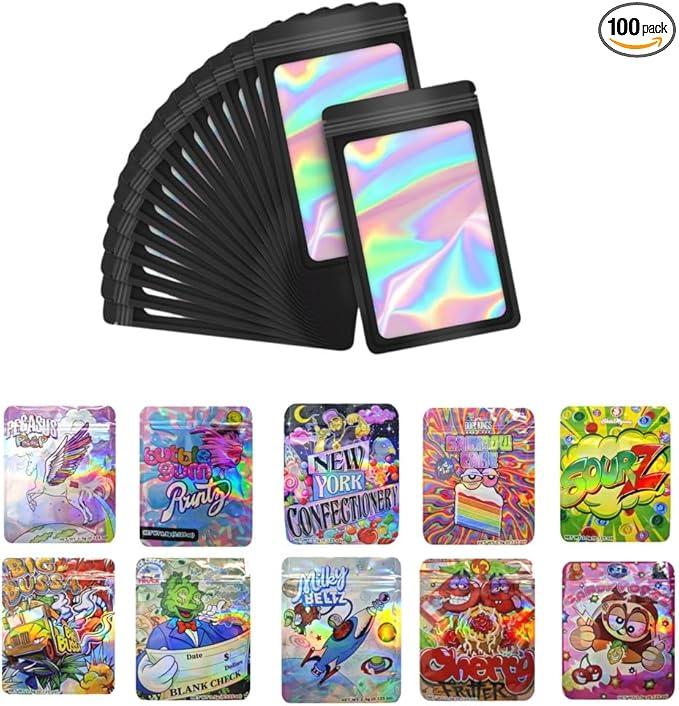 100pcs 3.5g Mylar Bags for Party, 10 Special Cartoon Pattern, 5 x 4 Inch Resealable Candy Bag, Gummies Bagss, Storage Baggies
