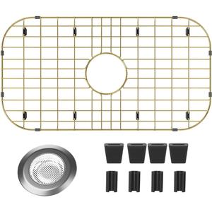 Gold Sink Bottom Rack 26" X 14",Lareg Metal Sink Protector for Kitchen Sink,Stainless Steel Kitchen Sink Grate with Centered Drain Hole, Kitchen Sink Grid with Strainer for Single Bowl,Corner Radius (26"L X 14"W, 5.1",Gold)