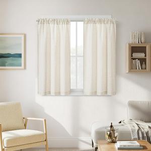 48 Inch Boho Linen Curtains for Cafe Kitchen Bedroom Bathroom Rod Pocket Semi Sheer Light Filtering Privacy Window Treatments Neutral Drapes for Small Window 2 Panels W34xL48