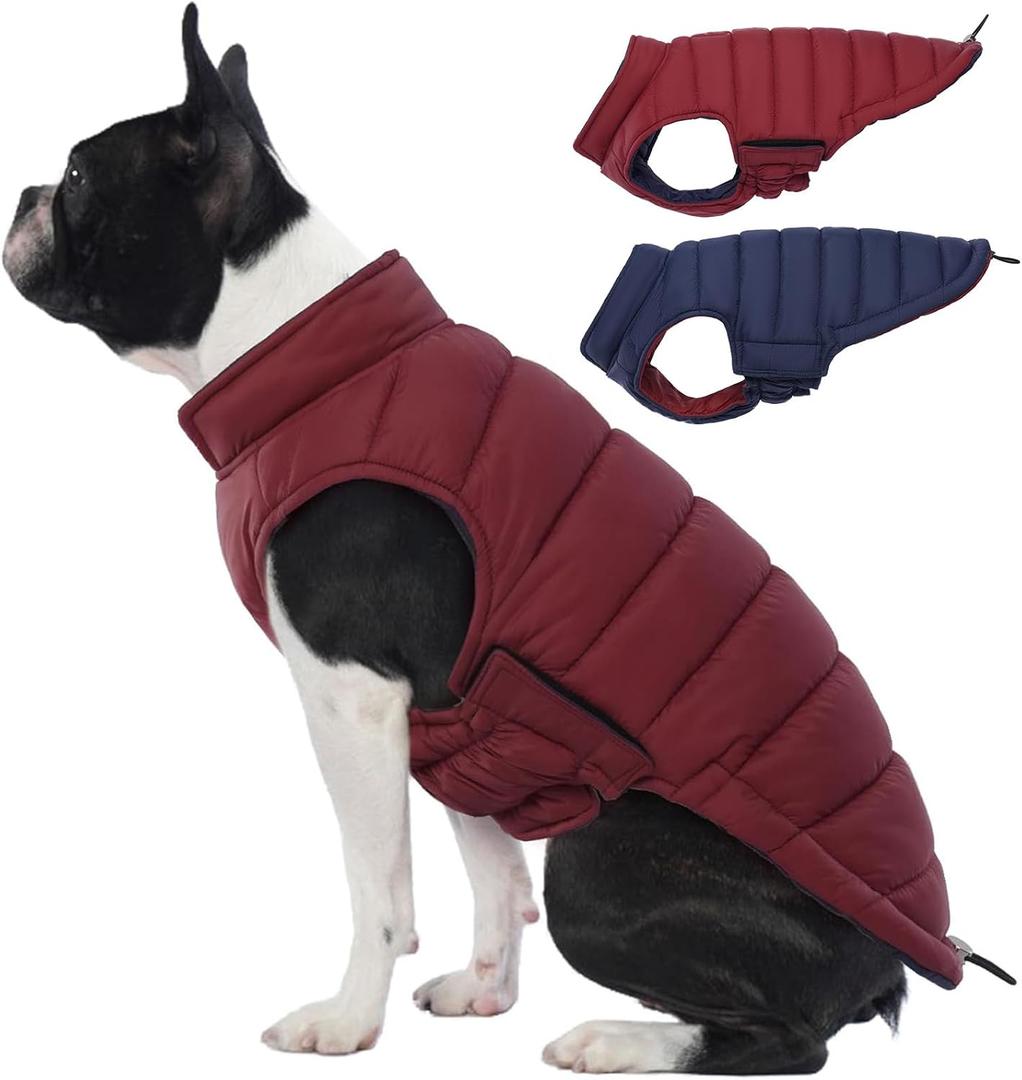 Lelepet Reversible Dog Coat Waterproof Dog Jacket Windproof Puffer Vest for Winter Warm Lightweight Coats for Small Dogs Adjustbale Hook & Loop Pet Apparel with Leash Hole, Pug, Wine Red, Medium