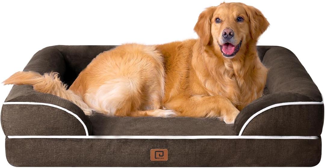 EHEYCIGA Orthopedic Dog Beds for Extra Large Dogs, Waterproof Memory Foam XL Dog Bed with Sides, Non-Slip Bottom and Egg-Crate Foam Big Pet Couch Bed with Washable Removable Cover, Brown (44.0"L x 32.0"W x 6.5"Th)