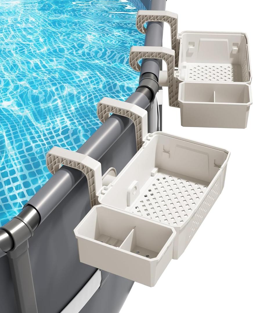 AquaJoyer 2 Sets of Poolside Storage Baskets with Cup Holders - Perfect for 3-Inch or Smaller Top Rails - Above Ground Pool Accessories - Fit for Most Above Ground Pool, Beige