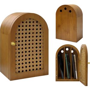 Verssure Bamboo Phone Box,Premium Cell Phone Box for Family Time, Cell Phone Jail with Charging Holes,Phone Lock Box Holds 6 Phones (Mocha)