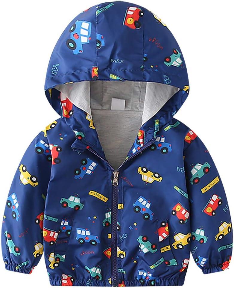 FYMNSI Toddler Baby Boys Girls Hooded Jacket Windbreaker Lightweight Dinosaur Print Coat Autumn Long Sleeve Windproof Outwear (12-18 Months, Dark Blue - Cars)