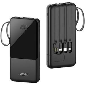 Portable Charger with Built in Cables,10000mAh Slim USB C Power Bank,5 Output 3 Input LED Display High Speed External Battery Pack Travel Phone Charger for iPhone Samsung Pixel LG Moto iPad,Black