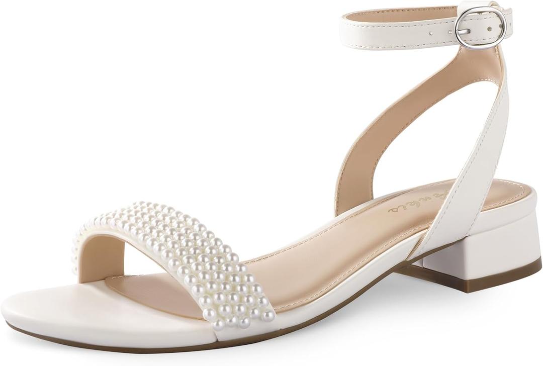 Ankis Black Nude White Gold Women Sandals Comfortable Walking Strappy Open Toe Sandals for Women Dressy Summer 1 Inch Low Block Heel Flat Adjustable Ankle Strap Shoes (White, 9)