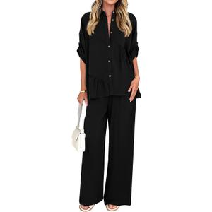 KIRUNDO Two Piece Sets for Women Spring Outfits 2026 Summer Fall Dressy Casual Button Down Shirt Wide Leg Pants Lounge Set
(Black, Medium)