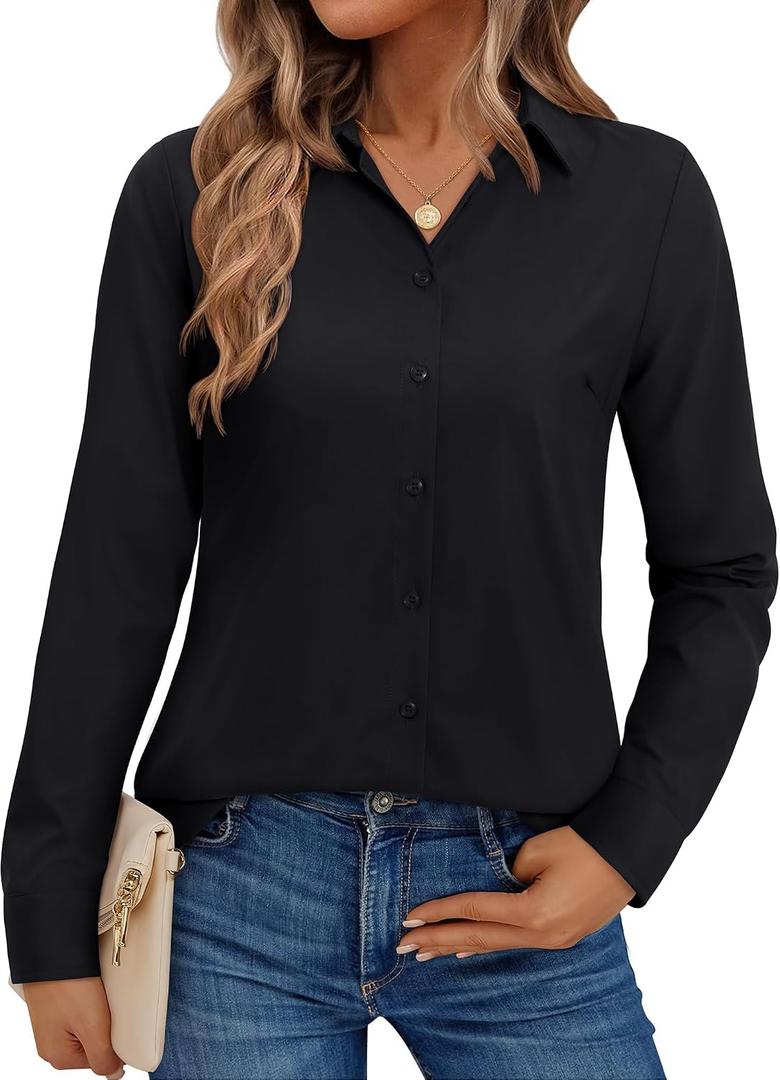 Gleeivy Button Down Shirts for Women Collared Dress Shirts for Work Business Casual Dress Shirts for Women (Black, L)