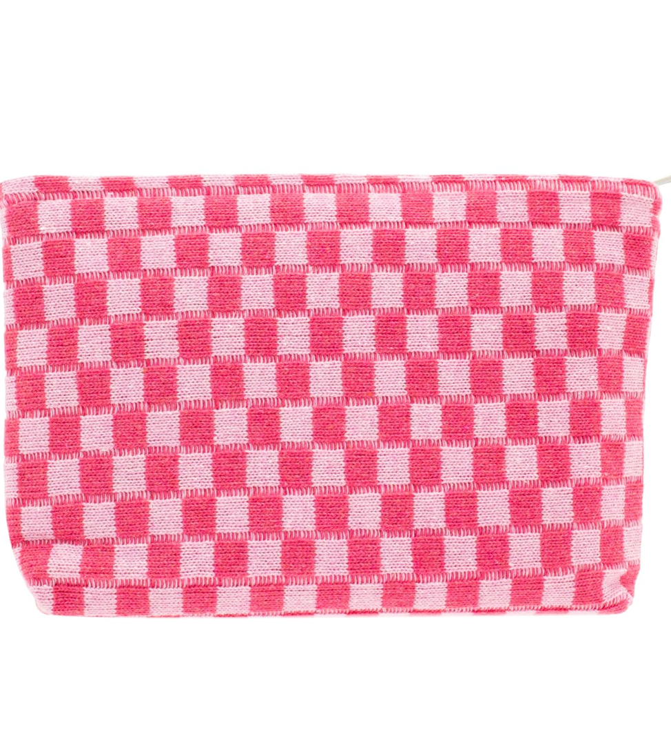 PAZIMIIK 2 Pack Knit Checkered Makeup Bag Large Zipper Make Up Accessory Pouch for Purse Cosmetic Brush Bag for Travel Essential,Hotpink