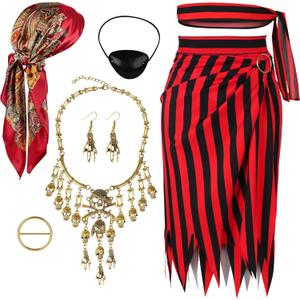 Angelaicos Womens Pirate Costume With Accessories Set Pirate Head Scarf Pirate Eye Patch for Women Halloween Cosplay Outfits