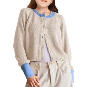 Girls Cardigan Sweater Kids Color Block School Uniforms Button Down Long Sleeve Knit Tops Tweens Winter Clothes (Beige)