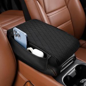 Armrest Cushion for Car, 12.5"8.2" Center Console Pad with 2 Storage Pocket, Heightening Cover Universal Fit for Most Vehicles SUV Sedan Leather Waterproof, Elbow Pillow Seat Box Protector