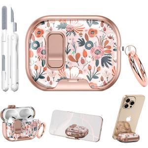 for AirPods Pro 3 Case 2025 3rd Generation with Cleaner Kit,Boho Flower Protective Cover with Lock/Stand Compatible with Apple New Air Podspro3,Cute Rose Gold Headphone Case with Keychain Accessories