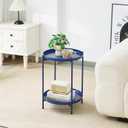 2-Tier Round End Side Table, Small Metal Side Table with Removable Tray, Folding Accent Tables for Living Room, Balcony, Nightstand for Bedroom, Outdoor Tables for Patio, Navy Blue, 15.75" x 20.47"