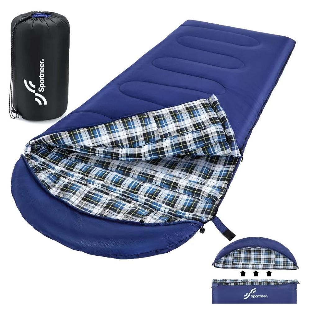 Sportneer 0 Degree Sleeping Bag for Cold Weather, XL Winter Sleeping Bag for Adults, Flannel Lined Camping Sleeping Bag, 32°F–59°F Rated, 87" x 33.5", 4.4 lbs, Detachable Hood, Compression Sack