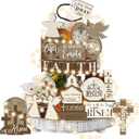 34 PCS Easter Tiered Tray Decor Set He is Risen Jesus Wood Sign with LED Lights Rustic Religious Wood Table Centerpieces Easter Farmhouse Tabletop Sign for Home Kitchen