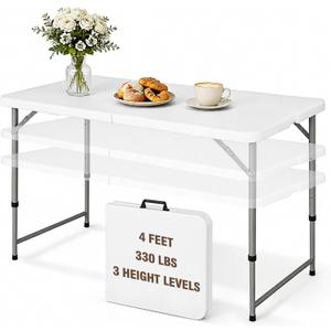 4ft Foldable Table with Built in Handle, 3-Level Adjustable Height, White