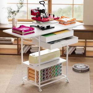VENNQD Large Folding Heat Press Table Stand, Folded Rolling Heat Transfer Machine Cart Drawers Compatible with Cricut Vinyl Roll Holder DIY Crafting Table Workbench (White), 46.46 inches x 19.7 inches x 35.43 inches