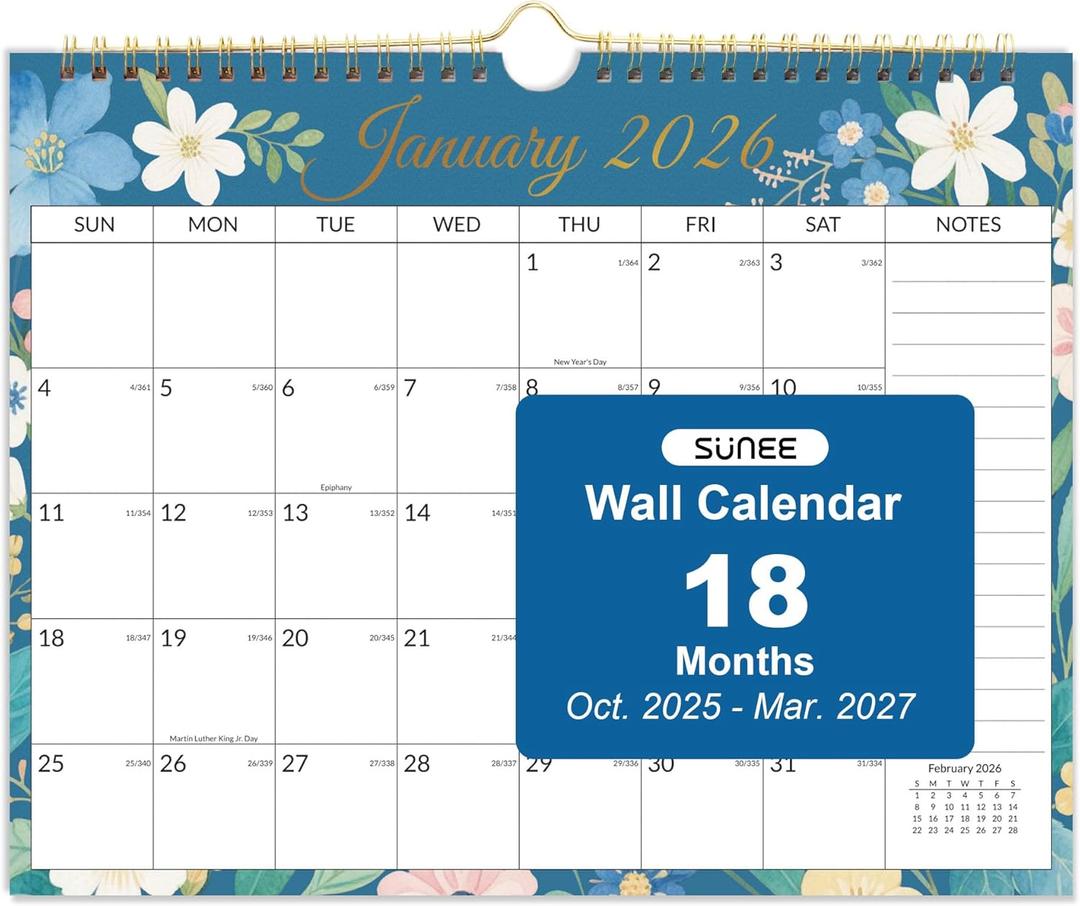 4 x SUNEE 2026 Calendar- 18 Months Wall Calendar Oct. 2025 - Mar. 2027, 14.5"x11.5" Hanging Calendar with Note for Organizing & Planning, 2026 Monthly Calendar with Next Month, Floral