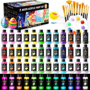 64 Pcs Classic & Pastel & Metallic & Glow in the Dark Acrylic Paint Set with 12 Brushes, 2 Knives & Palette - 48 Colors(2oz/60ml) for Adults, Kids, Artists & Beginners - Easter Basket Egg Painting Kit