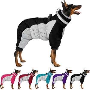 MIGOHI Full Body Dog Coat - Warm Reflective Winter Coat for Medium Dogs with Harness,Turtleneck Dog Fleece Jacket,Four-Leg Windproof Puffer Jackets Snowsuit with Zipper for Small Medium Large Dogs,M (Medium(Back:14.2"), Black)