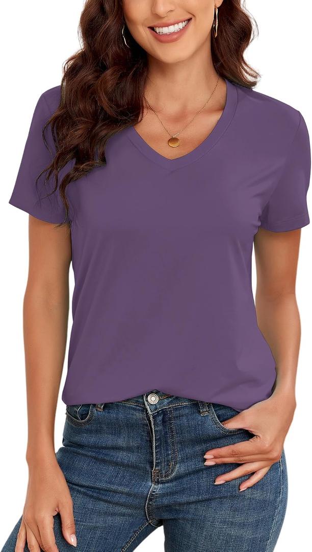KevaMolly V Neck Basic T Shirts for Women UPF 50+ Short Sleeve 2026 Summer Trendy Tops Solid Casual Loose Fit Tee Shirt (XXL)