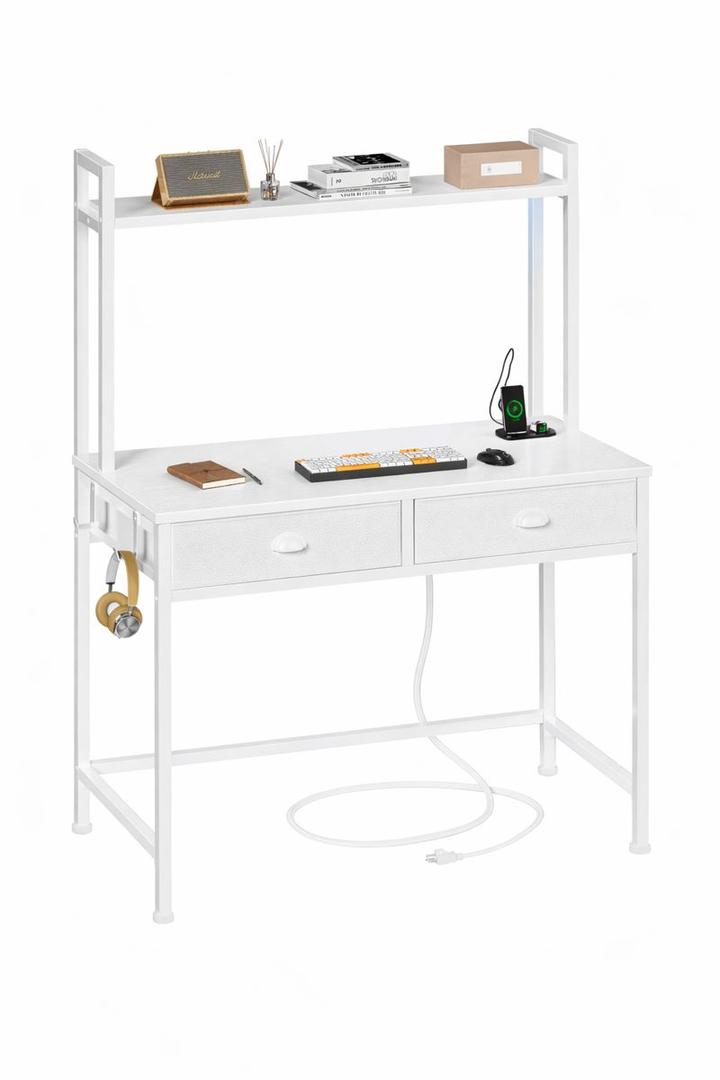 Small White Desk with Drawers, 31 Inch Home Office Computer Desk with Power Outlet and LED Light, Vanity Desk with Storage Shelves, Modern Work/Writing/Study Table for Bedroom, White, 80×48
