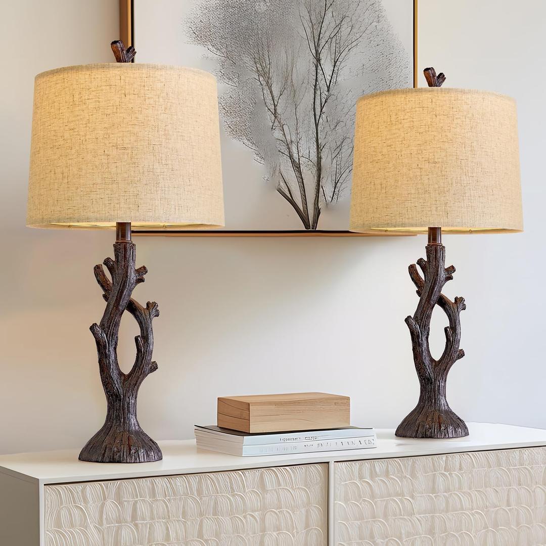 OYEARS 25" Farmhouse Table Lamp Set of 2 for Living Room Bedroom Resin Bedside Tree Lamp Nightstand End Table Lamps Vintage Natural Style (Thin Branch - Dark Brown)