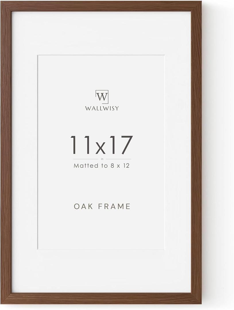 11x17 Oak Picture Frame, Solid Oak 11x17 Poster Frame with Mat to 8x12(Openning Size is 7.5x11.5), Natural Wood 17x11 Frames for Wall, (Walnut Set of 1), 11x17 in - 1P