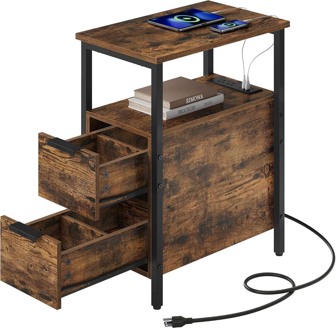 VASAGLE Side End Table with Charging Station, Slim Nightstand with 2 Drawers, Narrow Bedside Table for Living Room, Small Spaces, 18.9 x 11.8 x 24 Inches, Rustic Brown and Ink Black ULET324K101S