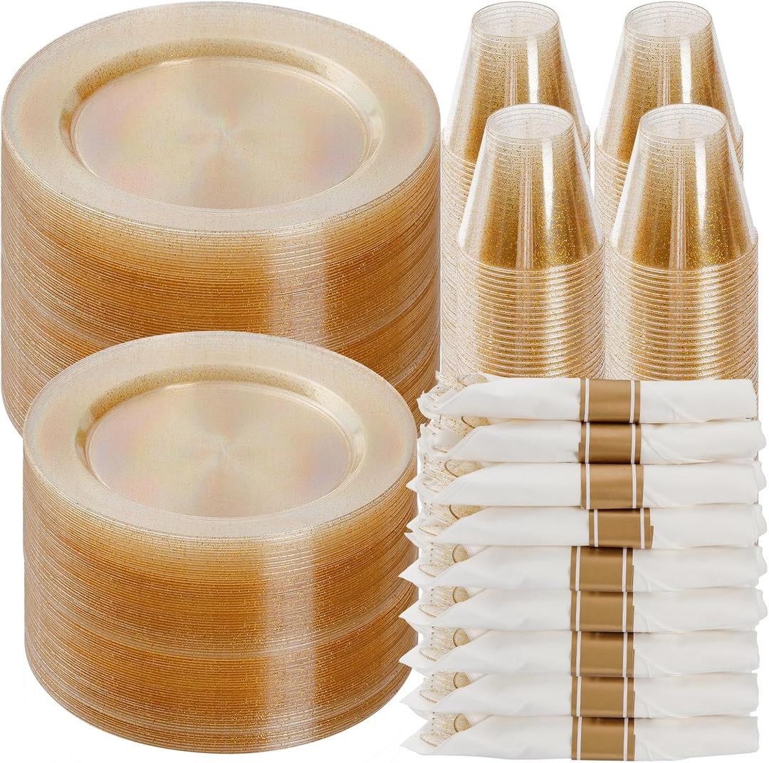 700 Piece Gold Glitter Plastic Dinnerware Set for 100 Guests