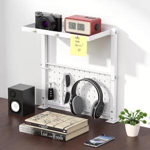 Jumyee 2-Tier Side/Top Clamp On Desk Shelf With Magnetic Pegaboard(White) | Flip Pegboard Tray & Magnetic Accessories, No-Drill White Desk Shelf with 6 Hooks for Home Office Gaming Accessories