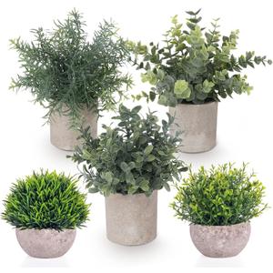 Fake Plants,5 Pack Small Fake Plants Mini Potted Artificial Eucalyptus Greenery Plastic Green Grass Plants for Indoor Outdoor,Mini Faux Plant for Shelve Desk Table Farmhouse Bathroom Shelf Decor (2 Green+3 Grey)