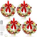Ceenna 4 Pcs Pre-lit Artificial Christmas Wreaths 14 Inch Timer Lighted Christmas Wreaths with Bow Red Berries Pinecone Pine Needles 8 Model LED Light Xmas Wreath for Front Door Window Wall Holiday